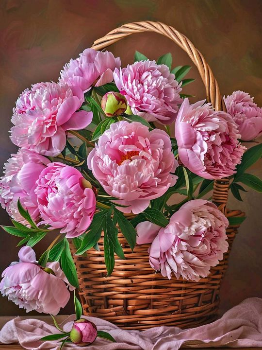 Алмазная мозаика без подрамника «Пионы» 50x40 см., 50 цветов