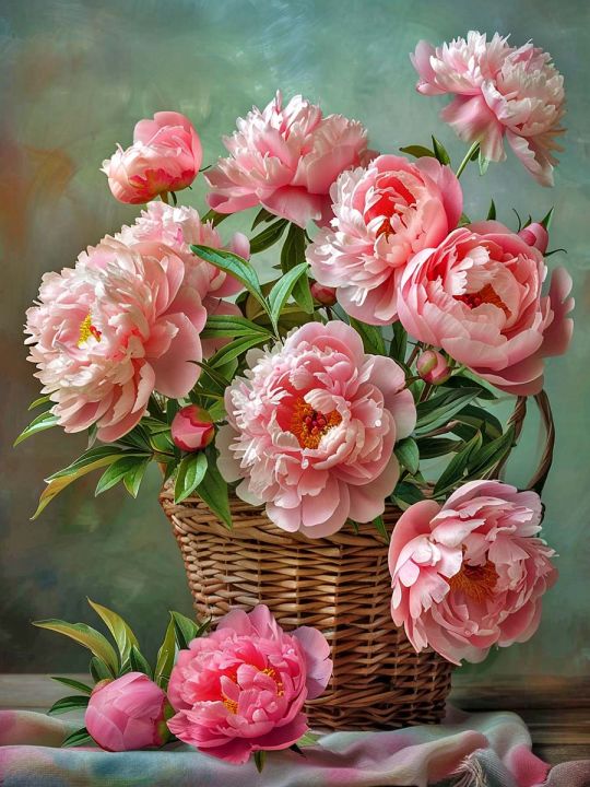 Алмазная мозаика без подрамника «Пионы» 50x40 см., 50 цветов