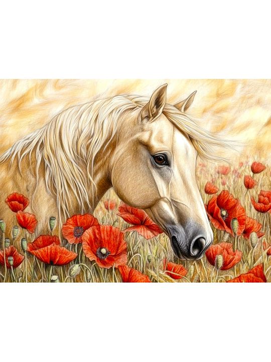 Алмазная мозаика без подрамника «Конь в цветах» 90x70 см.