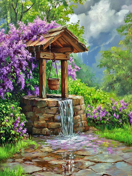 Алмазная мозаика без подрамника «Колодец в саду» 50x40 см, 50 цветов