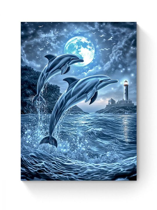 Алмазная мозаика на подрамнике «Дельфины и луна» 50x40 см