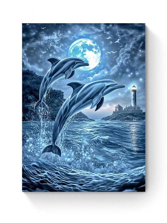 Алмазная мозаика на подрамнике «Дельфины и луна» 80x60 см