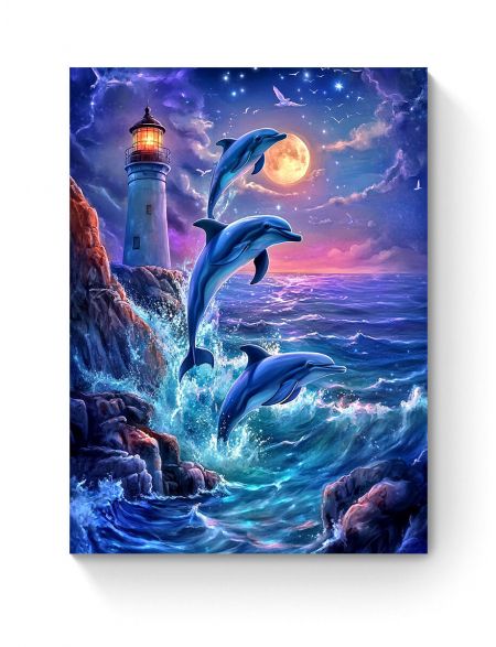 Алмазная мозаика на подрамнике «Море и дельфины» 60x45 см, 50 цветов