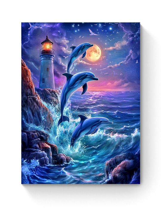 Алмазная мозаика на подрамнике «Море и дельфины» 60x45 см, 50 цветов