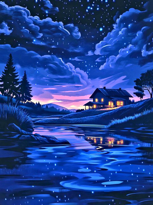 Алмазная мозаика без подрамника «Домик в ночи» 25x20 см