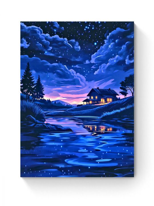 Алмазная мозаика на подрамнике «Домик в ночи» 50x40 см
