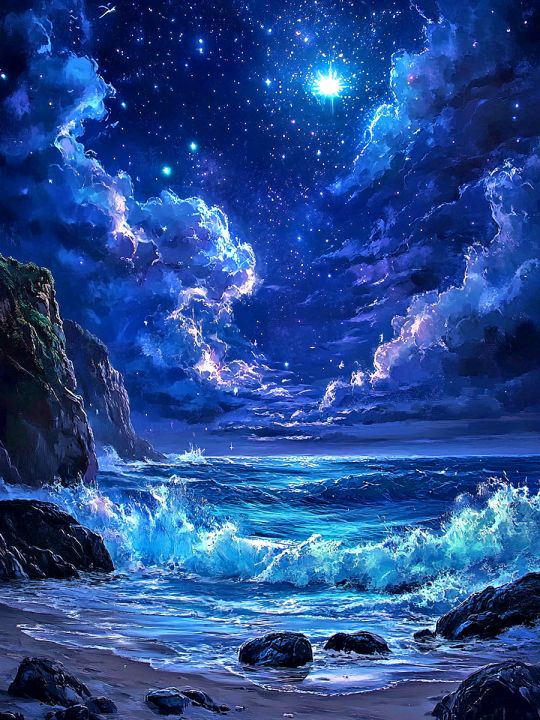 Алмазная мозаика без подрамника «Ночь над морем» 25x20 см