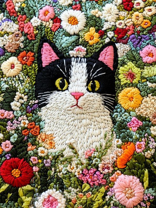 Алмазная мозаика без подрамника «Кот в цветах» 50x40 см, 50 цветов