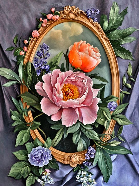 Алмазная мозаика без подрамника «Пионы и зеркало» 50x40 см