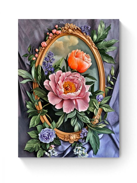 Алмазная мозаика на подрамнике «Пионы и зеркало» 50x40 см