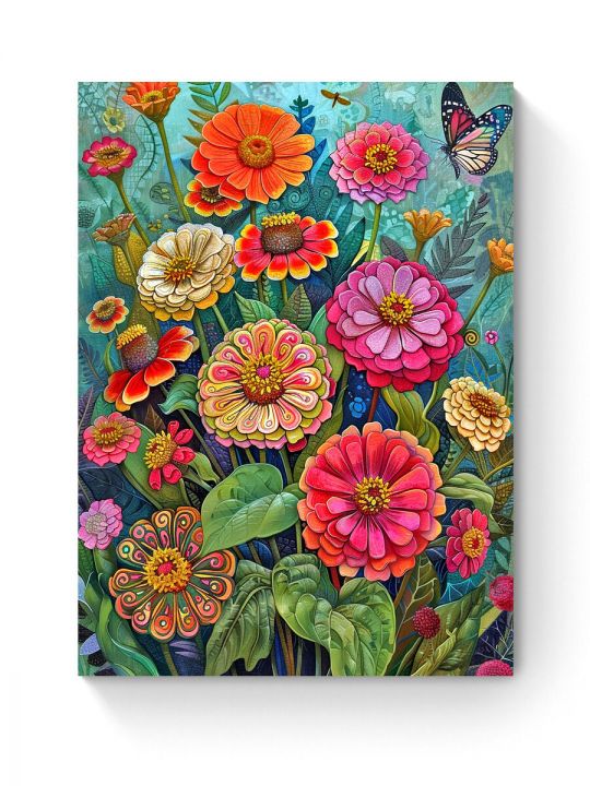 Алмазная мозаика на подрамнике «Букет циний» 50x40 см, 50 цветов