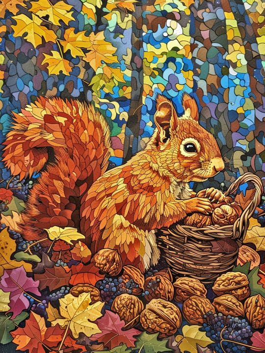 Алмазная мозаика без подрамника «Белка и орехи» 50x40 см