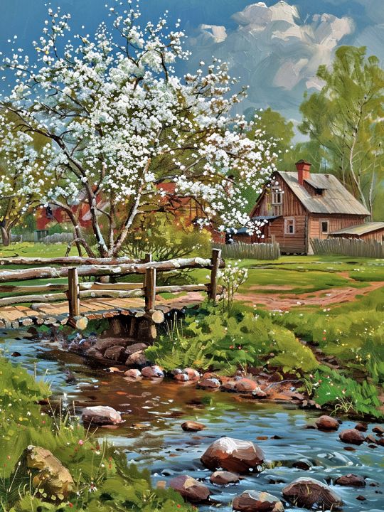 Алмазная мозаика без подрамника «Весна в деревне» 130x100 см
