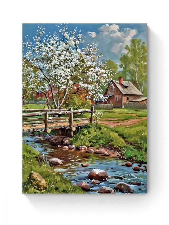 Алмазная мозаика на подрамнике «Весна в деревне» 50x40 см, 50 цветов