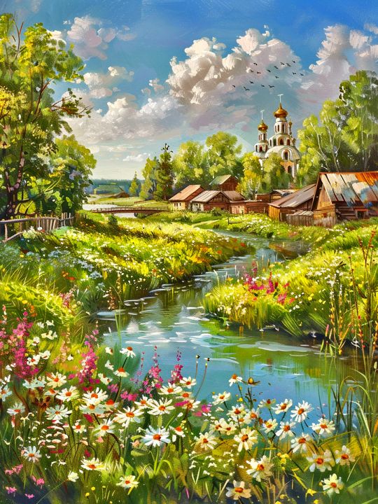 Алмазная мозаика без подрамника «Русская деревня» 50x40 см, 50 цветов