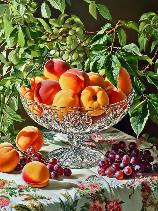 Алмазная мозаика без подрамника «Персики в вазе» 50x40 см, 50 цветов