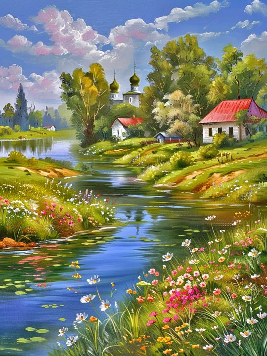 Алмазная мозаика без подрамника «Деревня летом» 130x100 см