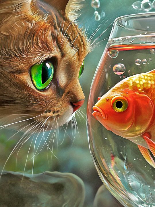 Алмазная мозаика без подрамника «Кот и рыбка» 50x40 см, 50 цветов