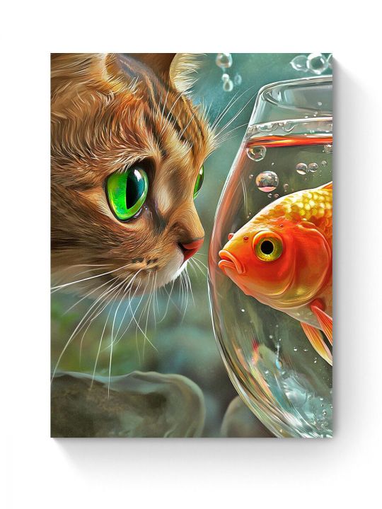 Алмазная мозаика на подрамнике «Кот и рыбка» 40x30 см, 50 цветов