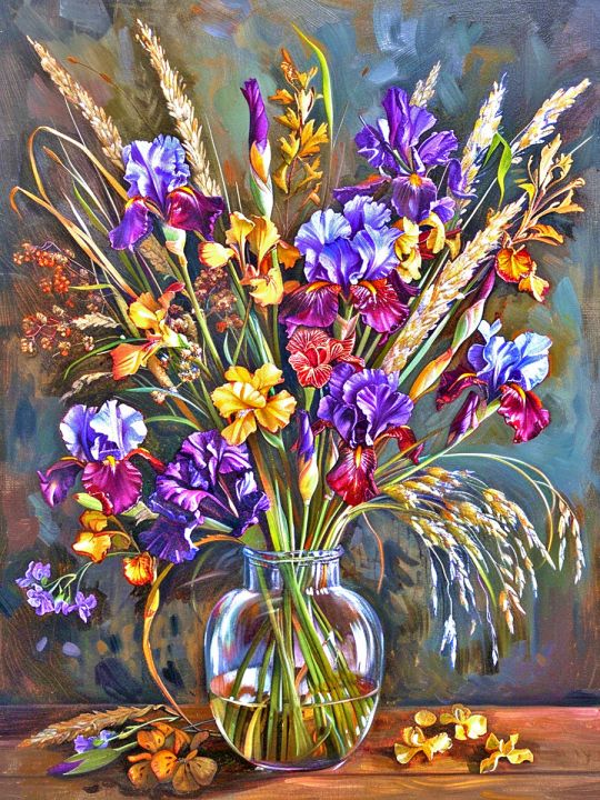 Алмазная мозаика без подрамника «Букет с ирисами» 50x40 см