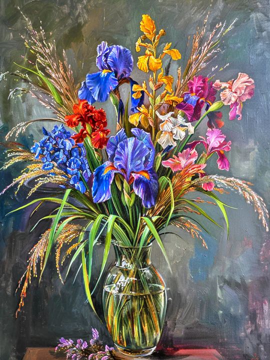 Алмазная мозаика без подрамника «Букет с ирисами» 50x40 см, 50 цветов