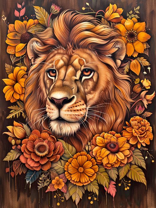 Алмазная мозаика без подрамника «Цветочный лев» 50x40 см, 50 цветов