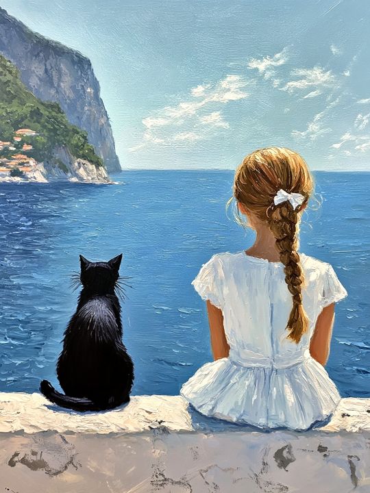 Алмазная мозаика без подрамника «Девочка и кот» 50x40 см