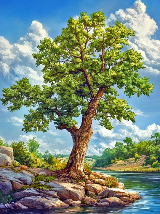 Алмазная мозаика без подрамника «Одинокий дуб» 130x100 см