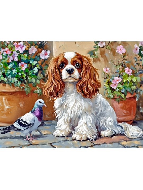 Алмазная мозаика без подрамника «Спаниель и друг» 50x40 см, 50 цветов