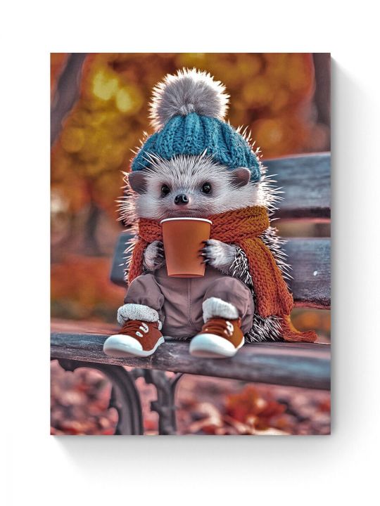 Алмазная мозаика на подрамнике «Ёжик и кофе» 35x25 см, 40 цветов