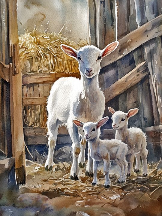 Алмазная мозаика без подрамника «Коза и козлята» 50x40 см, 50 цветов