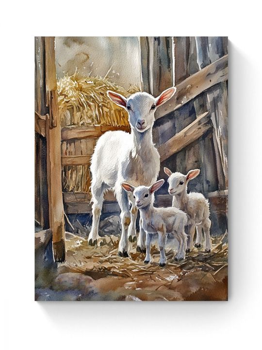 Алмазная мозаика на подрамнике «Коза и козлята» 50x40 см, 50 цветов