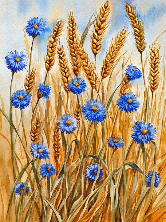 Алмазная мозаика без подрамника «Рожь и василёк» 25x20 см