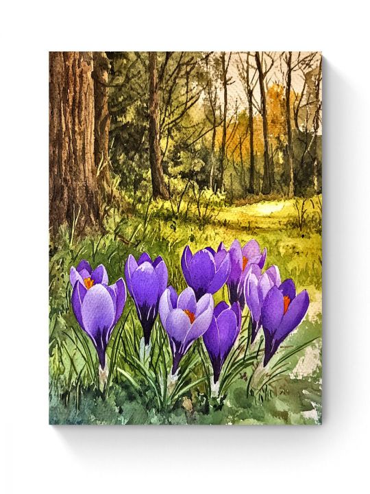 Алмазная мозаика на подрамнике «Лесные крокусы» 50x40 см, 50 цветов