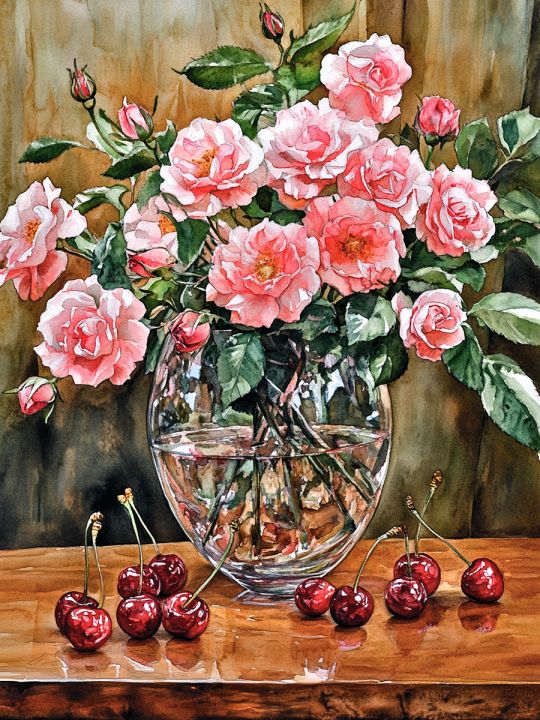 Алмазная мозаика без подрамника «Розы и вишня» 50x40 см