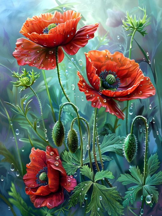 Алмазная мозаика без подрамника «Маки под дождем» 80x60 см