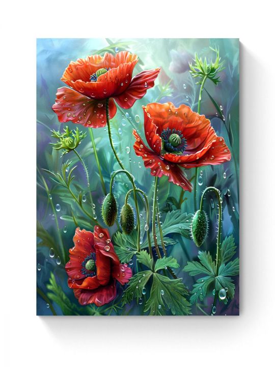 Алмазная мозаика на подрамнике «Маки под дождем» 40x30 см, 50 цветов