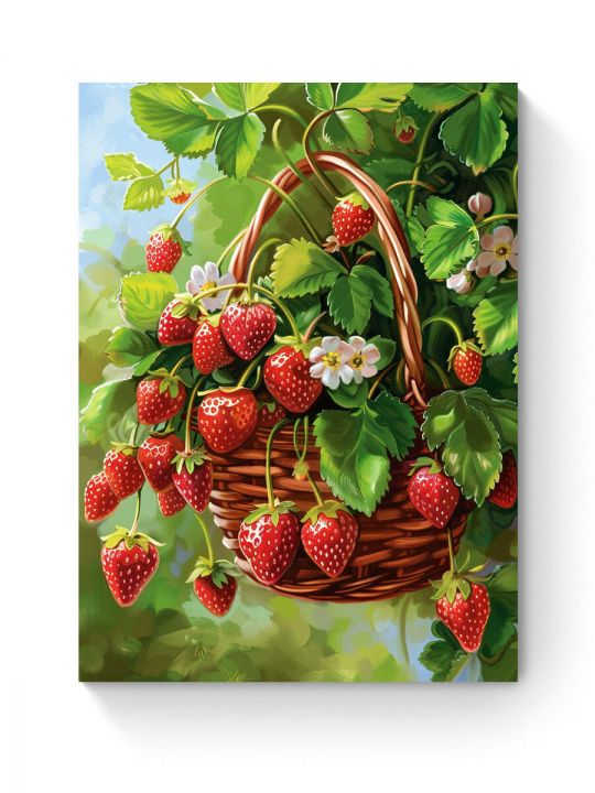 Алмазная мозаика на подрамнике «Кашпо клубники» 50x40 см, 50 цветов