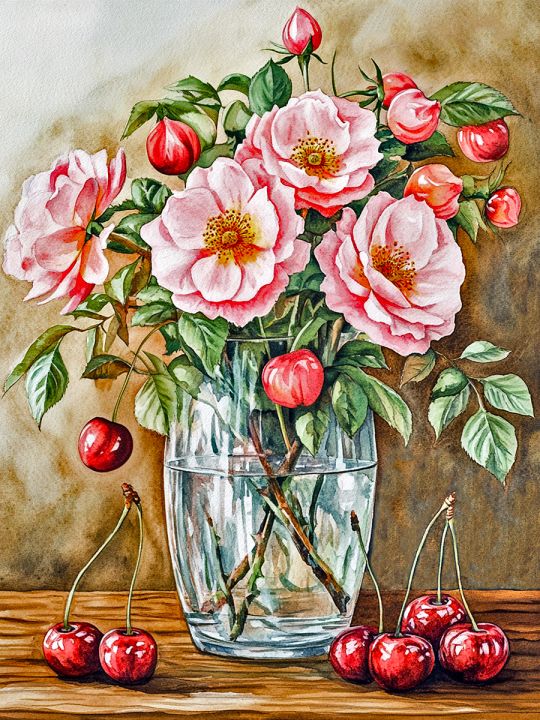 Алмазная мозаика без подрамника «Цветы шиповника» 50x40 см