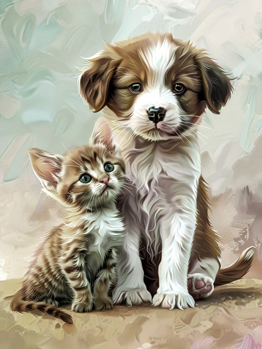 Алмазная мозаика без подрамника «Щенок и котенок» 50x40 см