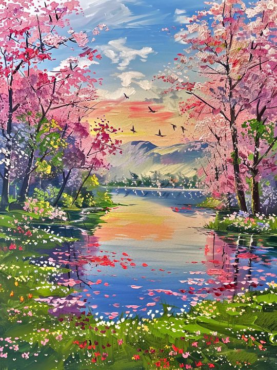 Алмазная мозаика без подрамника «Весна на озере» 130x100 см