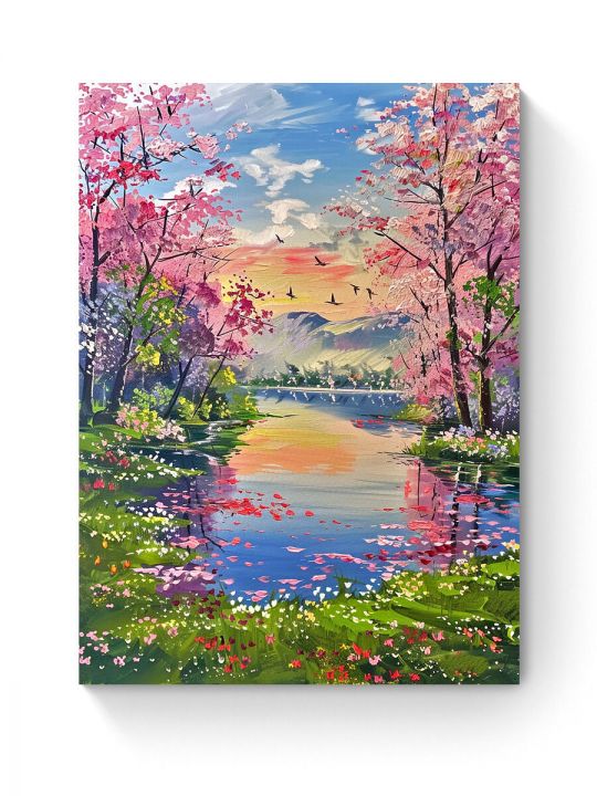 Алмазная мозаика на подрамнике «Весна на озере» 40x30 см, 50 цветов