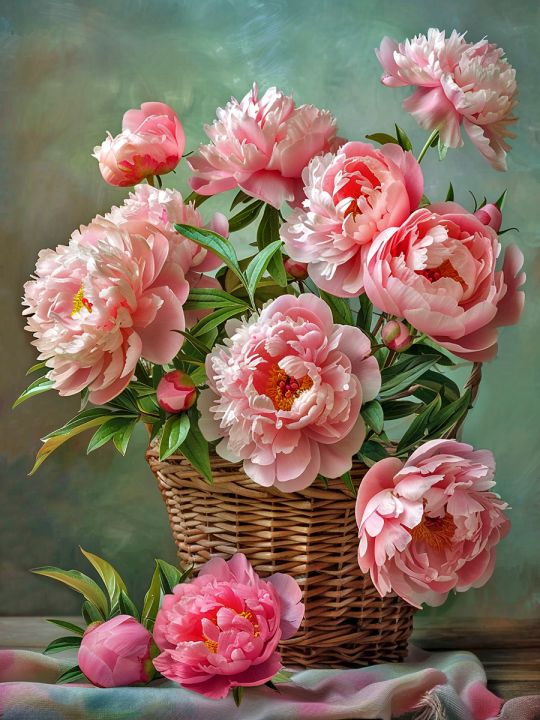Алмазная мозаика без подрамника «Корзина пионов» 50x40 см