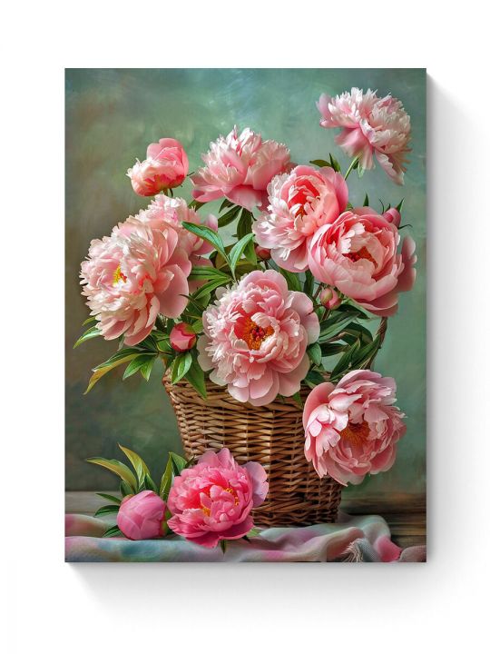 Алмазная мозаика на подрамнике «Корзина пионов» 40x30 см, 50 цветов