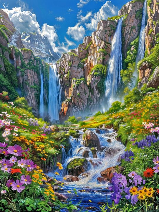 Алмазная мозаика без подрамника «Цветы и водопад» 70x50 см