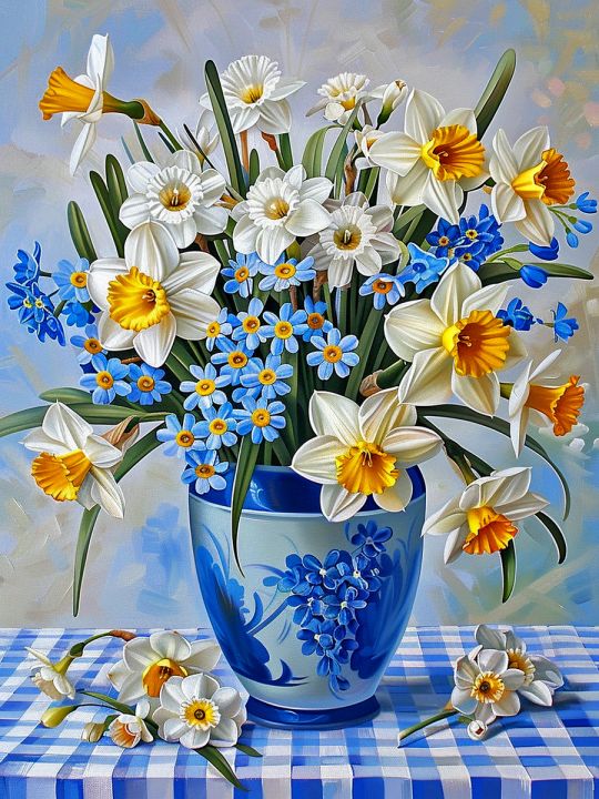 Алмазная мозаика без подрамника «Букет нарциссов» 50x40 см, 50 цветов