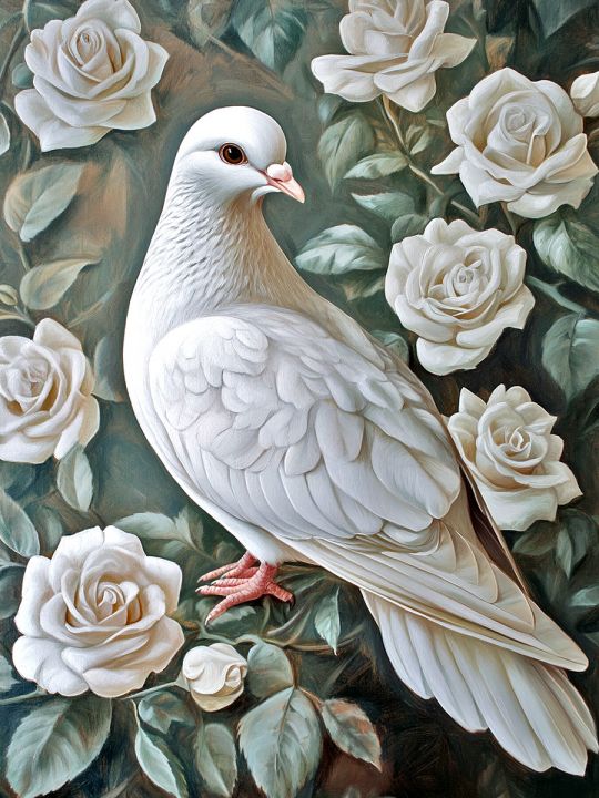 Алмазная мозаика без подрамника «Голубка в розах» 50x40 см