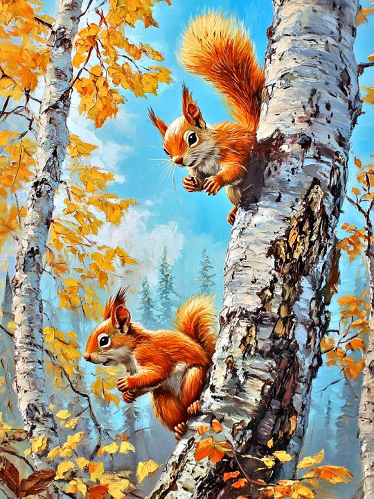 Алмазная мозаика без подрамника «Белки на дереве» 50x40 см