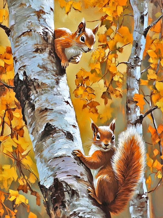 Алмазная мозаика без подрамника «Белки на березе» 50x40 см