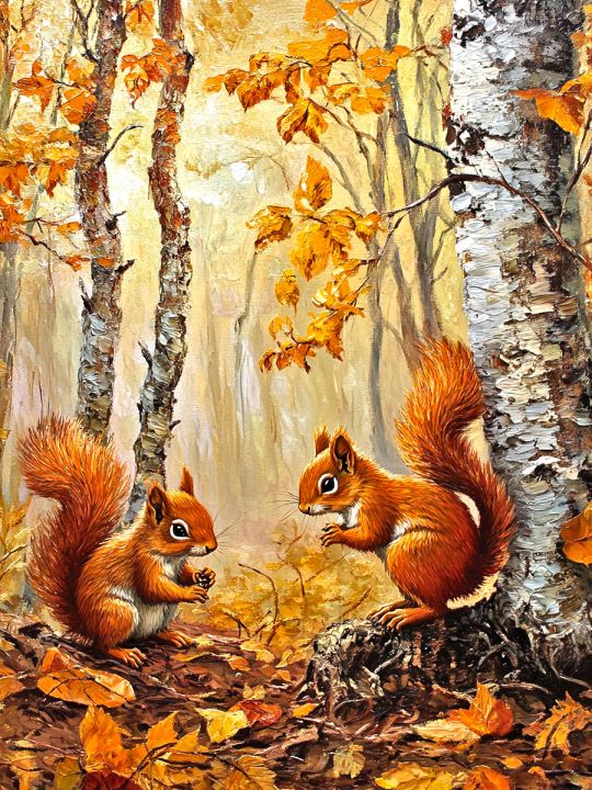 Алмазная мозаика без подрамника «Белки и осень» 130x100 см